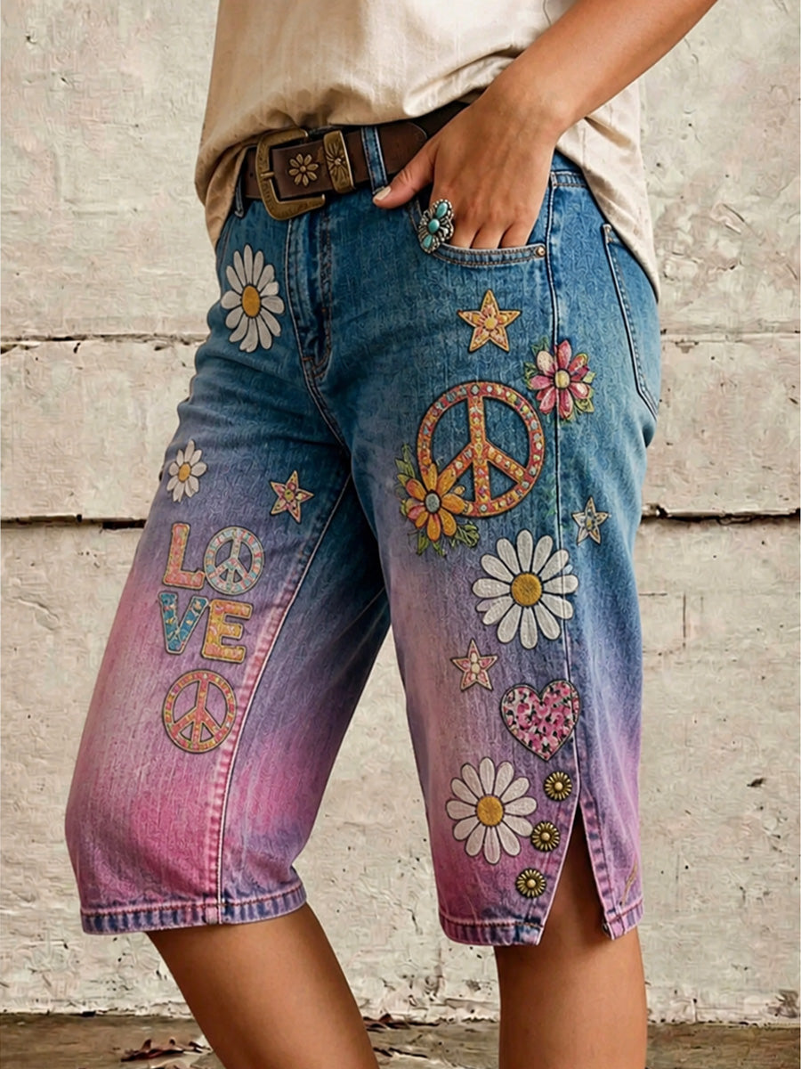 Retro Style Floral Print Vintage Casual Denim Shorts
